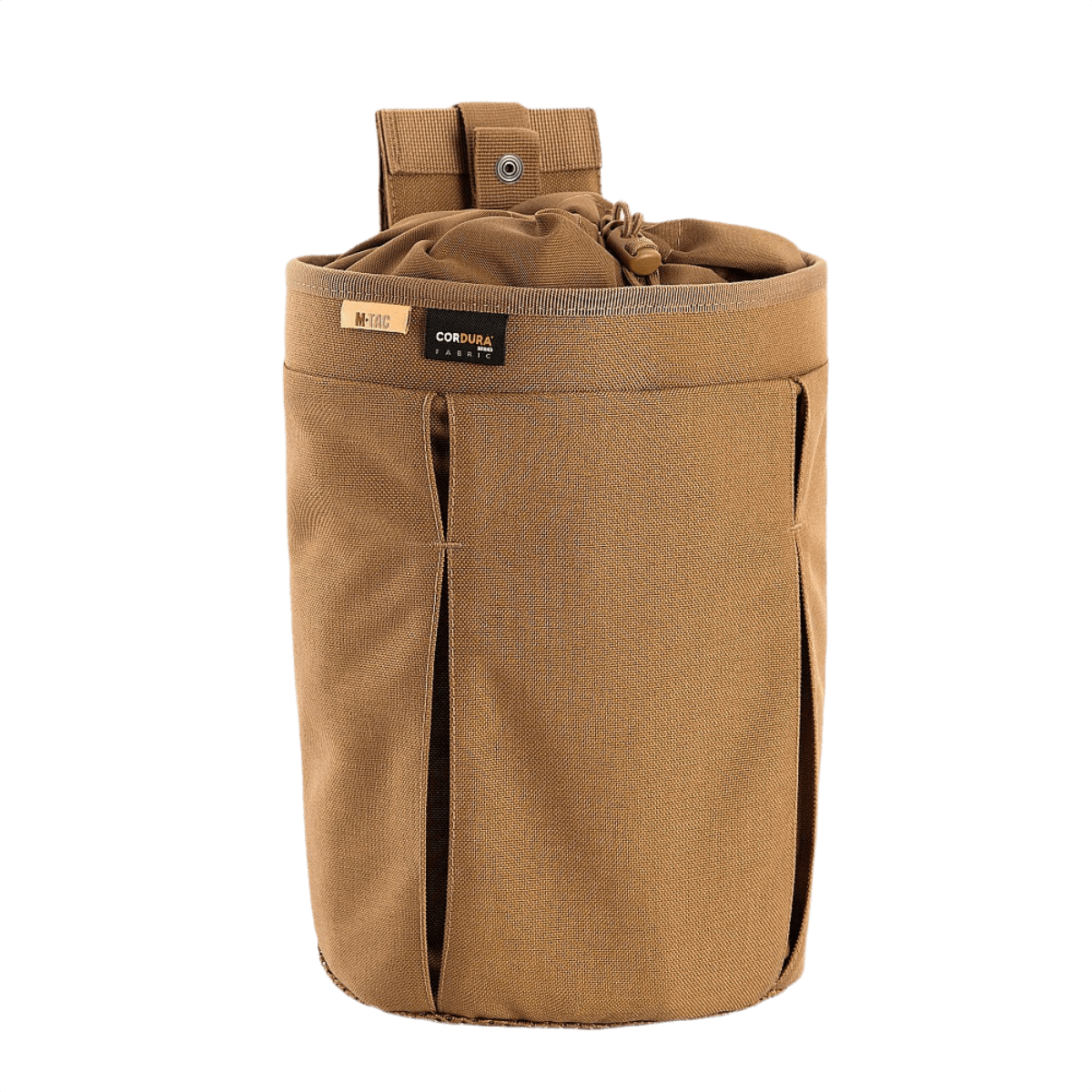 M-Tac Mag Drop Pouch Elite ruskeana, suunniteltu nopeaan lippaiden vaihtoon MOLLE-kiinnikkeillä ja pikavapautusjärjestelmällä.