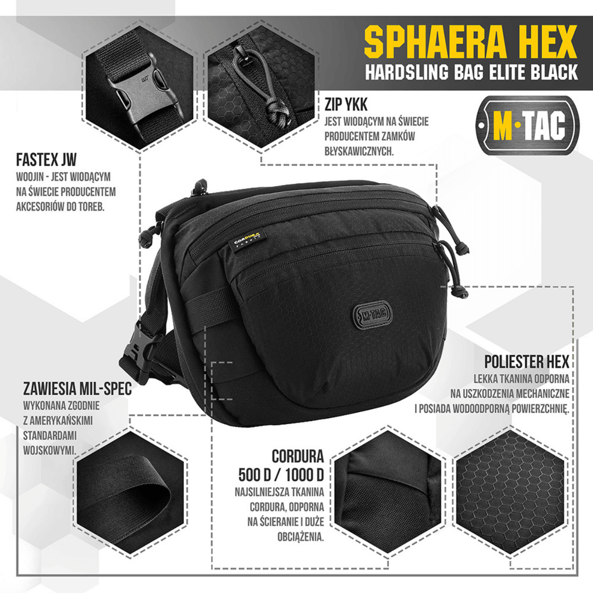 M-Tac Sphaera Hex Hardsling Bag mustana, modulaarinen järjestelmä ja piilotettu aseenkotelo, Cordura/Hex-polyester, vetoketjut ja fastex-soljet.