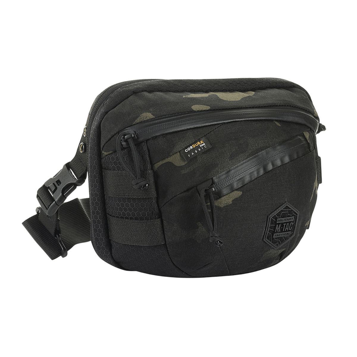 M-Tac Sphaera Hex Hardsling Taske Gen.II Elite mustana, säädettävällä olkahihnalla ja vetoketjullisella tilalla, valmistettu Cordura/Hex-polyesteristä.