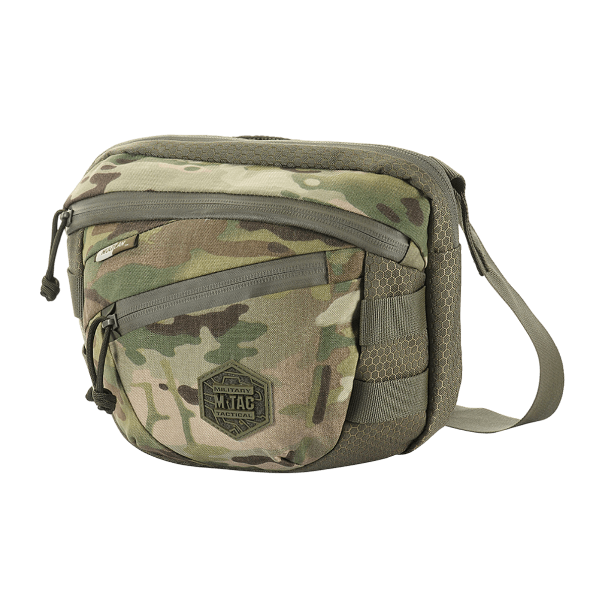 M-Tac Sphaera Hex Hardsling Taske Gen.II Elite camouflage-kuvioisena, säädettävällä olkahihnalla ja vetoketjulla piilotettua säilytystä varten.