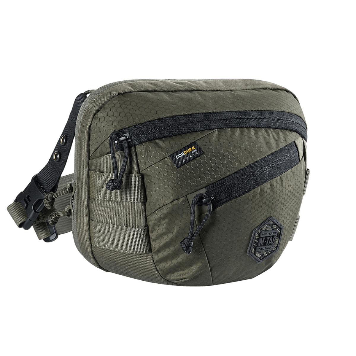 M-Tac Sphaera Hex Hardsling Gen.II Elite kompakti Cordura-laukku säädettävällä hihnalla ja vetoketjutaskuilla päivittäiseen käyttöön.