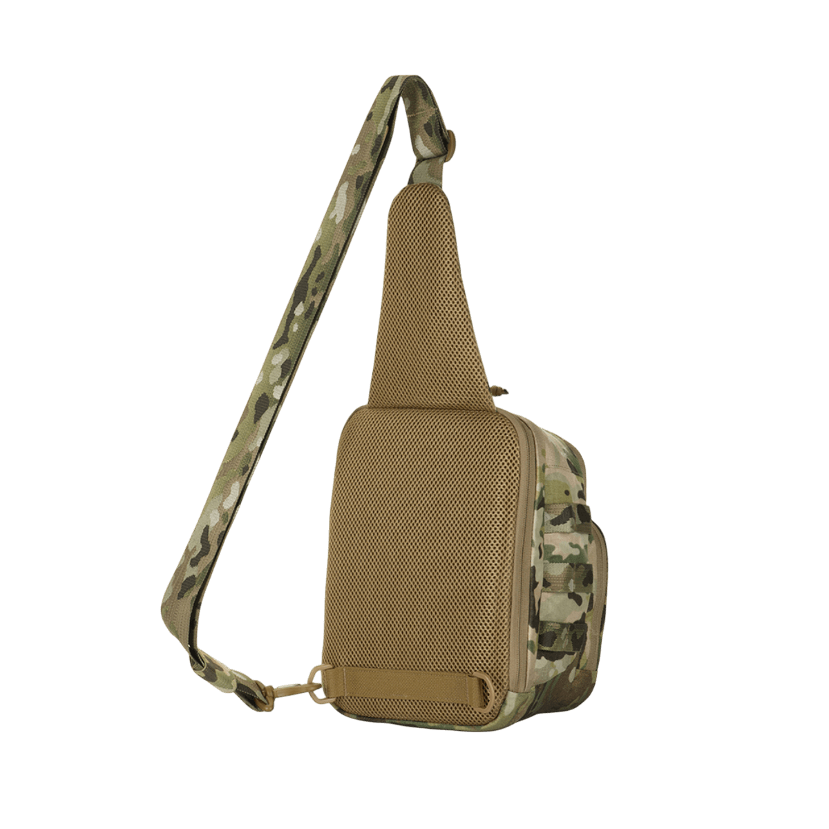 M-Tac Cross Bag Elite Hex sivulta nähtynä, camo-kuosi, säädettävä olkahihna, valmistettu Cordura 500:sta, sopii päivittäiseen käyttöön.