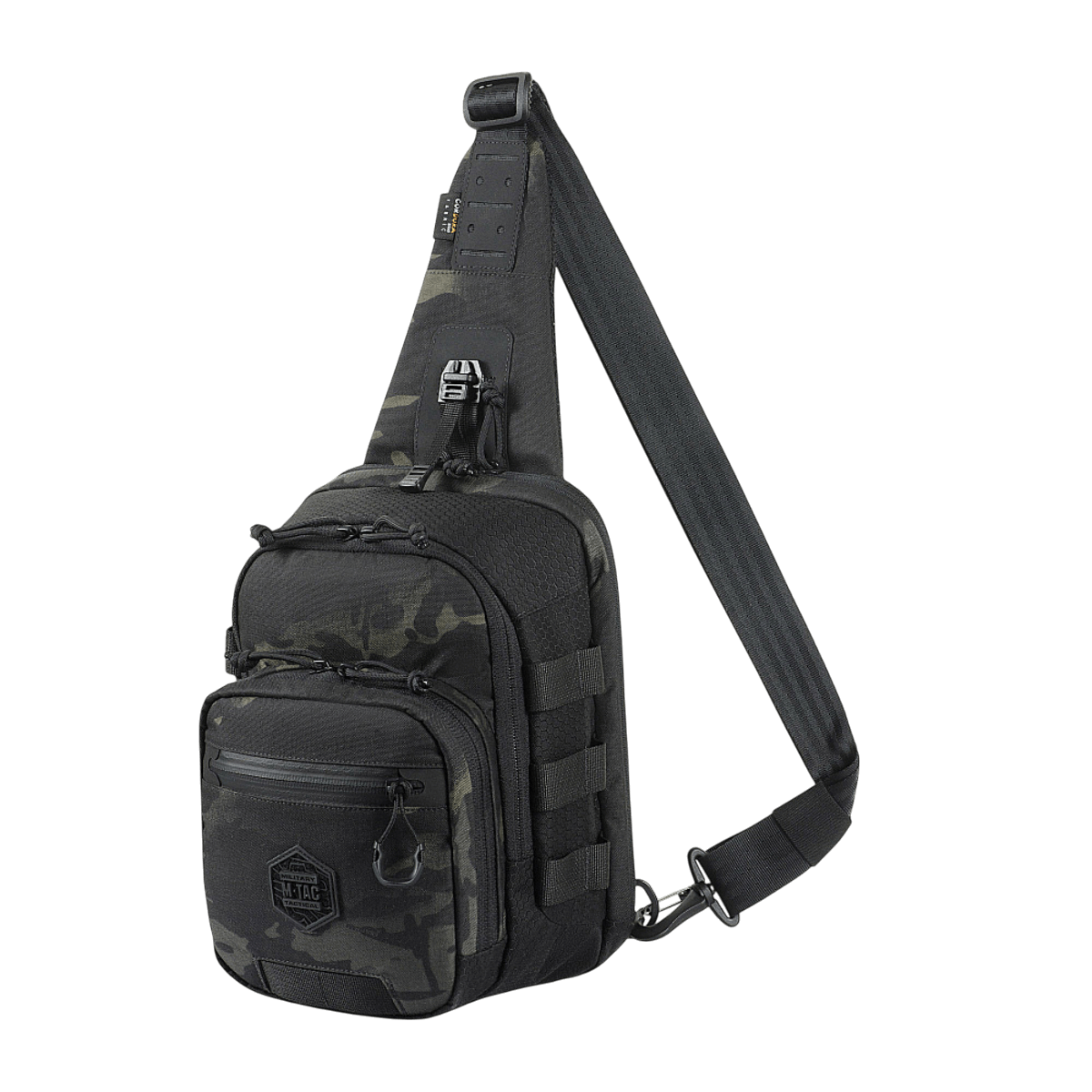 Musta M‑Tac Cross Bag Elite Hex sling-laukku Cordura 500:lla, MIL-SPEC-sovitukset ja YKK-vetoketjut, sopii päivittäiseen käyttöön ja taktisiin varusteisiin