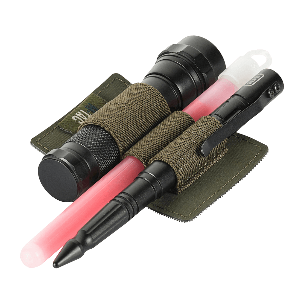 M-Tac Modulær Indsats Small (3 sektioner) EDC-tarvikkeilla kuten taskulamppu ja kuulakärkikynä, kiinnitetty elastisilla remmeillä.