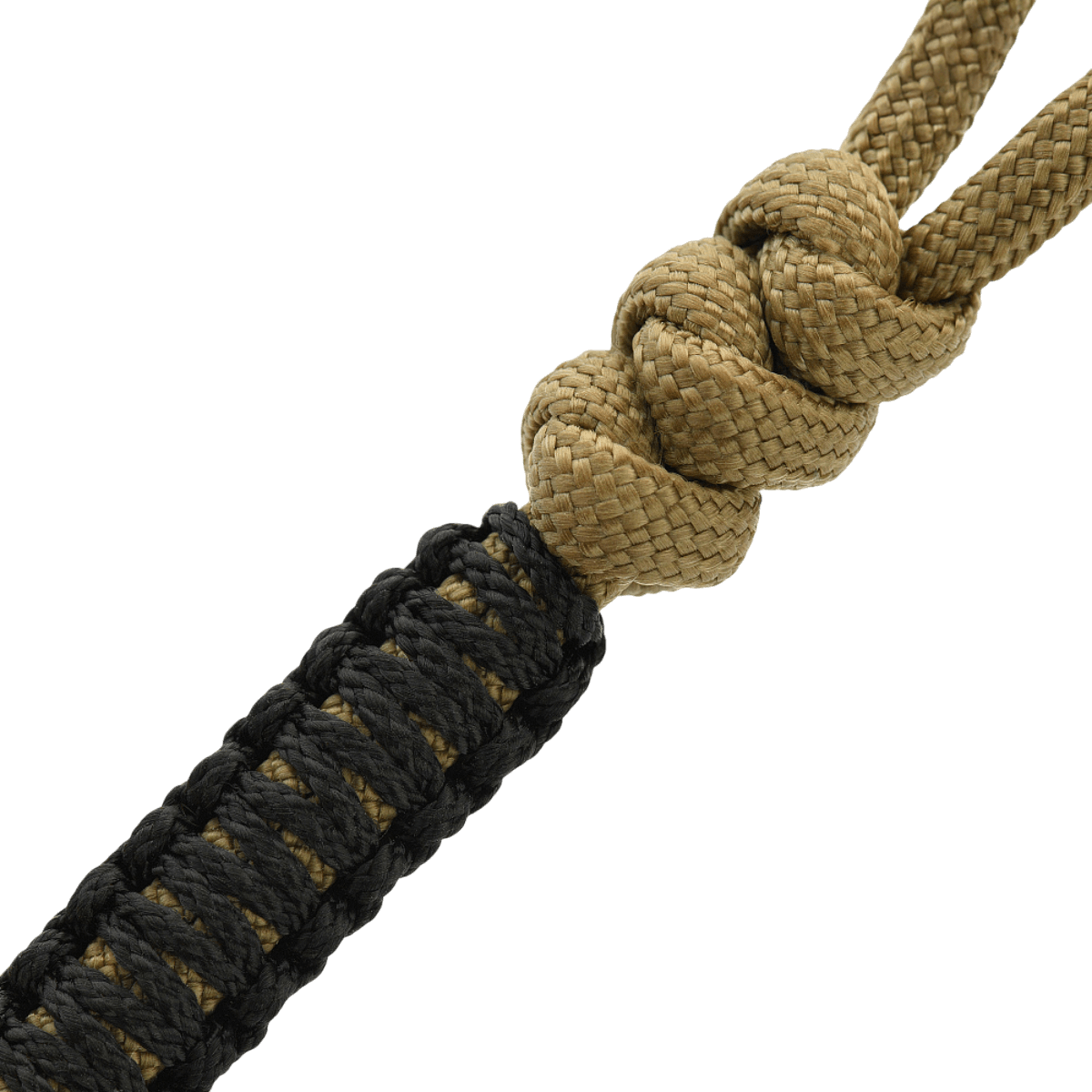 M-Tac Ninja Ver.2 Lanyard mustana ja tan-värisenä punotulla paracordilla, täydellinen veitsille ja muulle varustukselle.