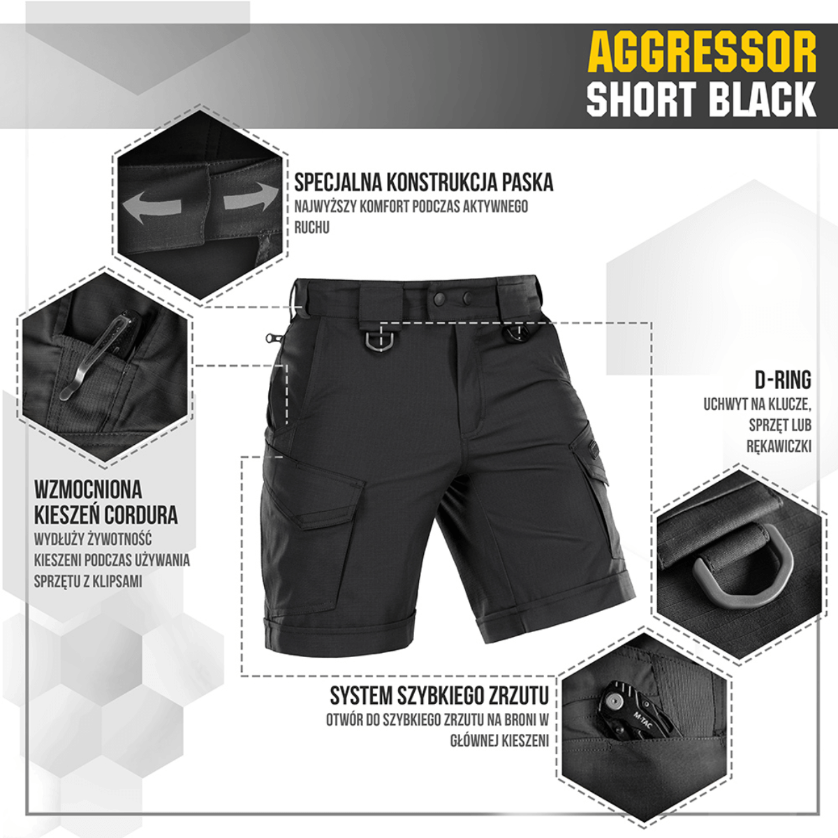 M-Tac Shorts Aggressor Short mustana, polvipituiset taktisin ominaisuuksin, joustava polycotton liikkuvuuteen, ihanteellinen kesälle.