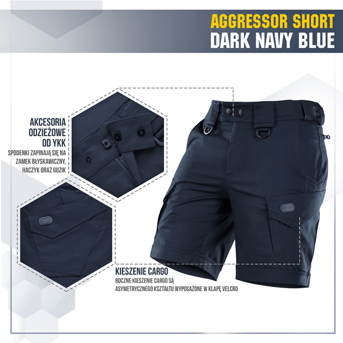 M-Tac Shorts Aggressor Short tummansinisenä taktisin ominaisuuksin ja käytännöllisillä taskuilla, sopii ulkokäyttöön ja mukavuuteen.