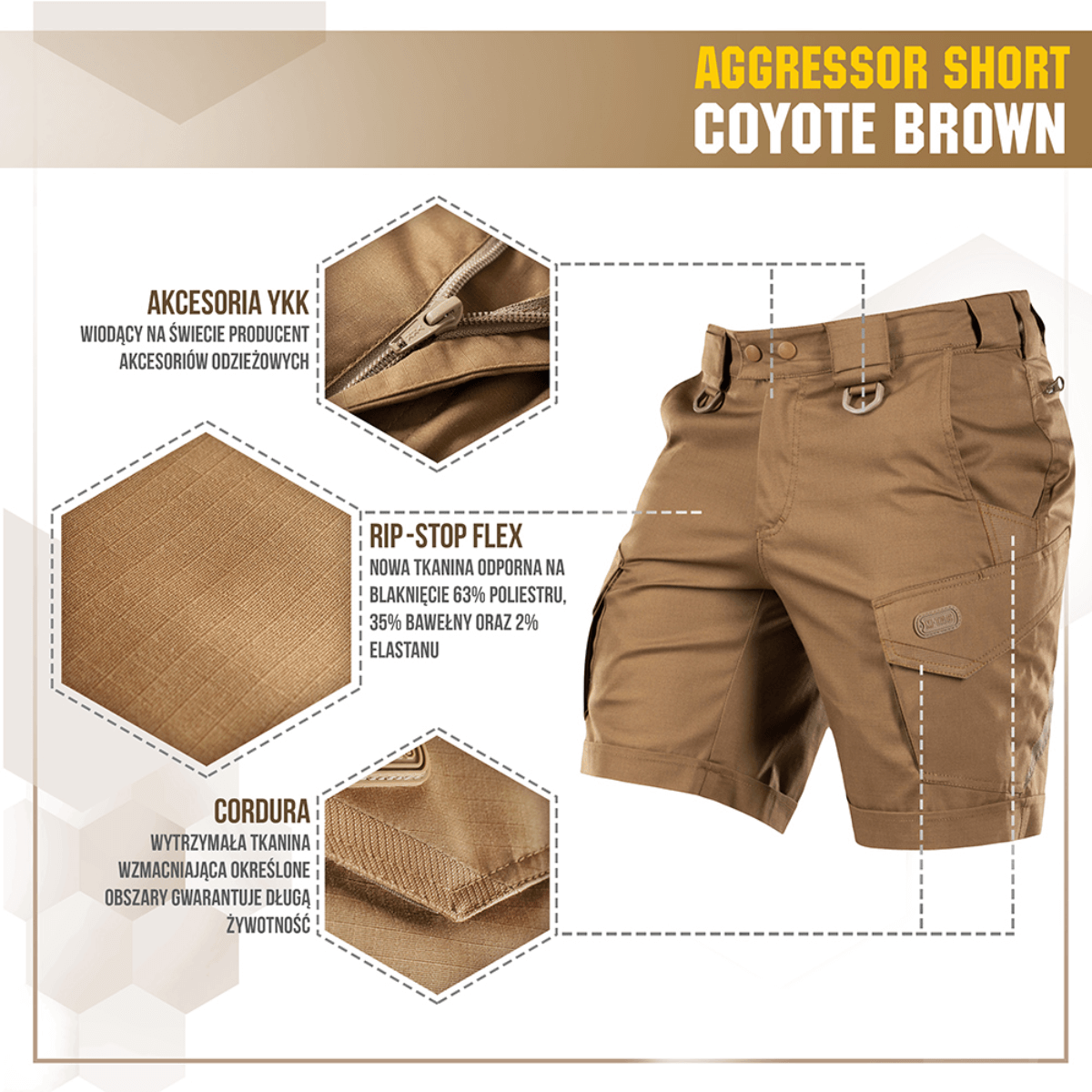 M-Tac Shorts Aggressor Short coyote brown -värissä, valmistettu rip-stop Flex -materiaalista YKK-vetoketjulla, ihanteellinen taktiseen käyttöön ja mukavuuteen.