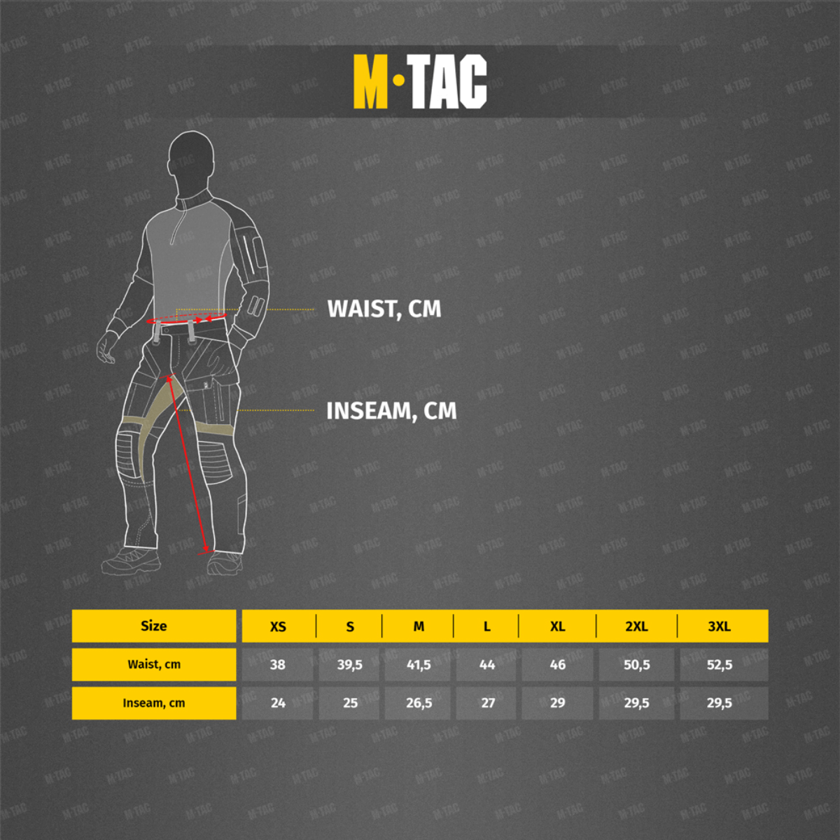 M-Tac Aggressor Summer Flex Shorts -kokotaulukko, vyötärö- ja sisäsauman mitat suomeksi tarkan istuvuuden varmistamiseksi.