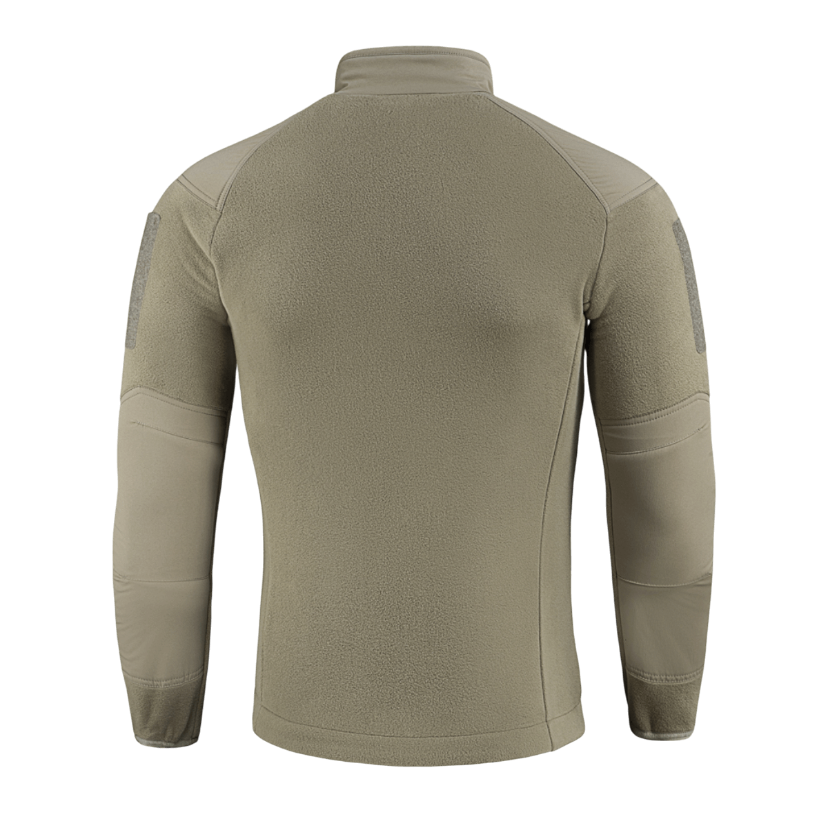 M-Tac Combat Fleece Polartec -takki oliivinvihreänä, takaa kuvattuna, tarrapaneelit, sopii taktiseen ja arkipukeutumiseen.
