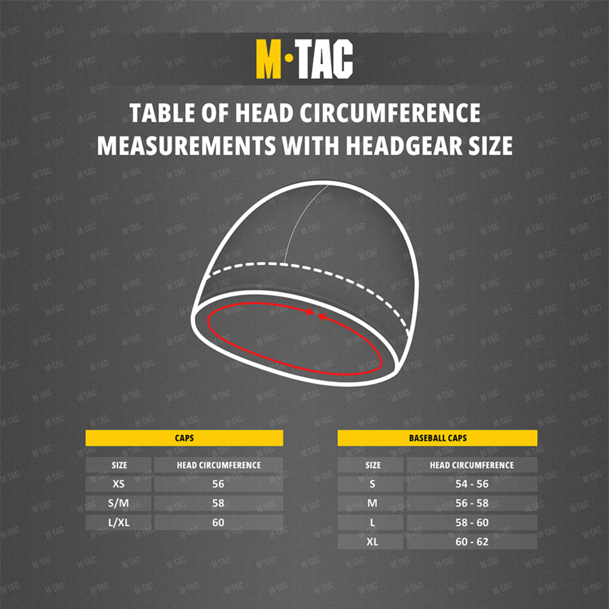 M-Tac Watch Cap Elite Fleece Beanie Hat Velcro, kokoguidekaavio pääympärykselle.