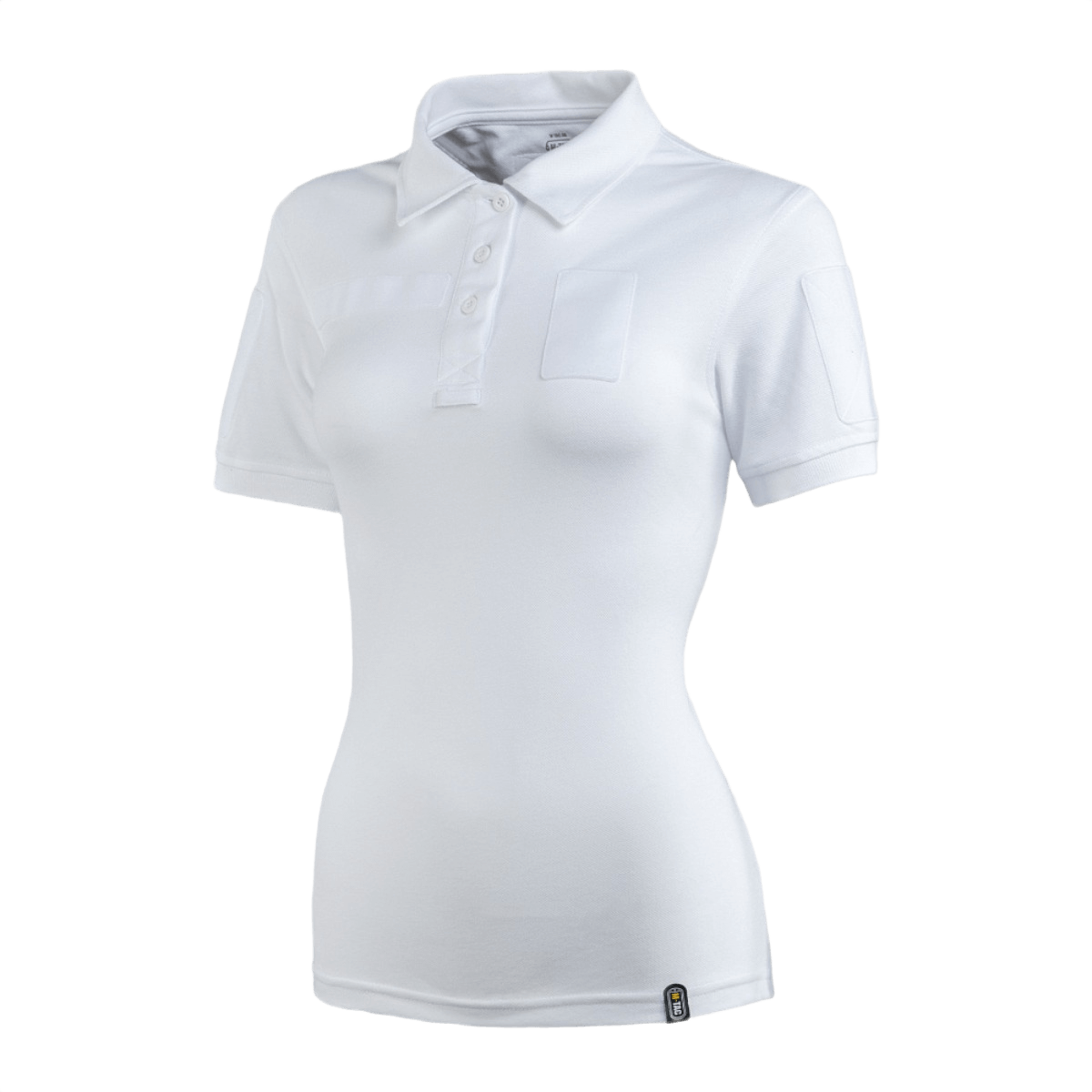 M-Tac Tactical Polo-Shirt 65/35 Lady valkoisena, suunniteltu naisille, mukava puuvilla-polyester ja Velcro merkeille.