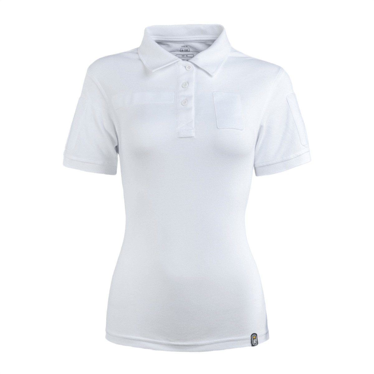 M-Tac Tactical Polo-Shirt 65/35 Lady valkoinen, naisellinen istuvuus, puuvilla-polyester-sekoitus, Velcro ja käytännöllinen lenkki merkeille.