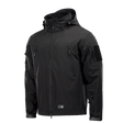 M-Tac Soft Shell Jakke med Liner mustana, irrotettavalla fleecenvuorella ja useilla vetoketjutaskuilla, sopii huonoon säähän.