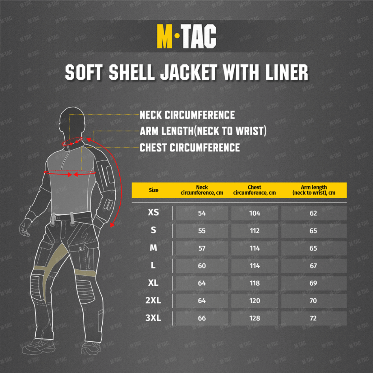 M-Tac Soft Shell Jakke med Liner kokotaulukko ja mitat - kaula, hiha, rinta.