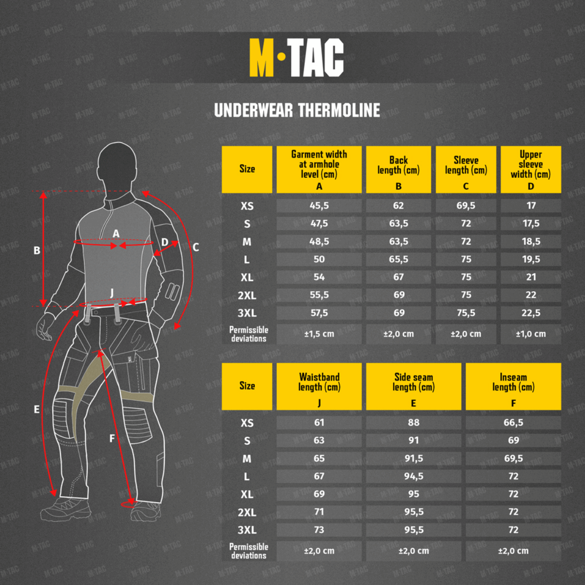 M-Tac ThermoLine aluskerraston koko-opas, mitat senttimetreinä eri kehonosille ja kokoihin.