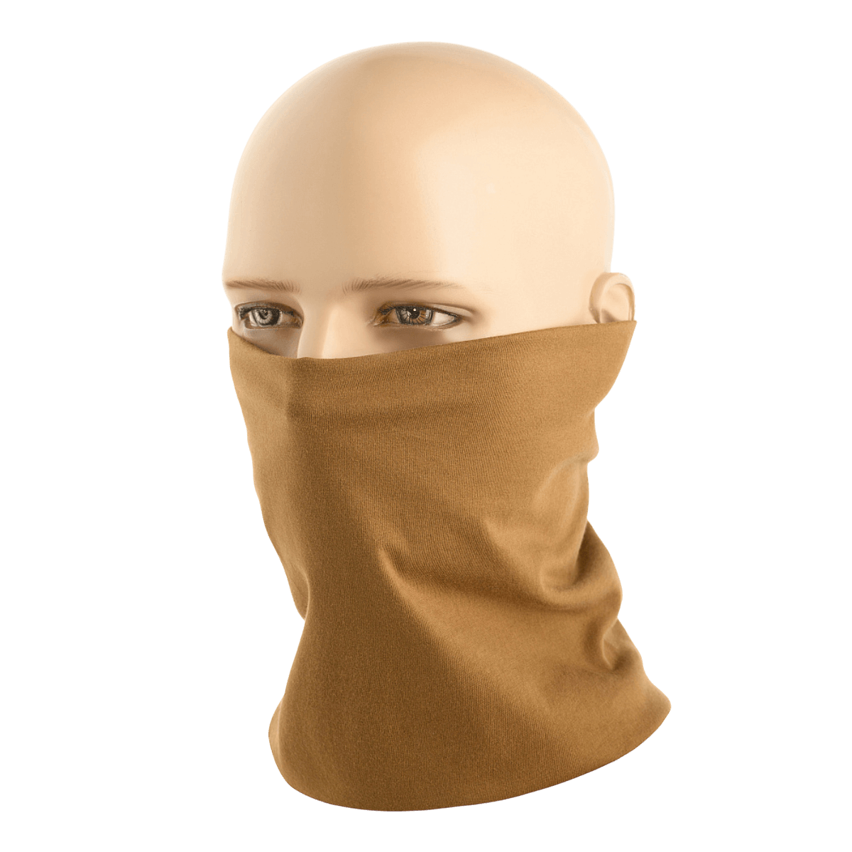 Mannekiini käyttää beigeä M-Tac Bomuld Tube Scarf -asustetta, monikäyttöinen asuste aktiiviseen vapaa-aikaan ja taktiseen käyttöön, valmistettu 100% puuvillasta.