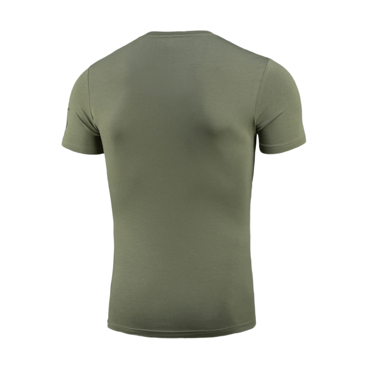 M-Tac T-Shirt Freedom oliivinvihreänä takaa, näyttää mukavan ja joustavan puuvillasekoitteen; painotus vapauteen ja voimaan.