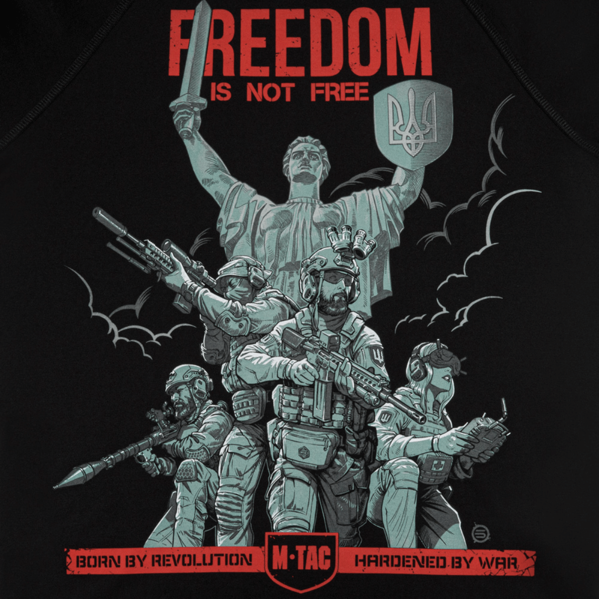 M-Tac Raglan Freedom, sotilaspainatus 'Moderlandet' edessä, symboloi voimaa ja rohkeutta. "FREEDOM IS NOT FREE". Täydellinen arkeen.
