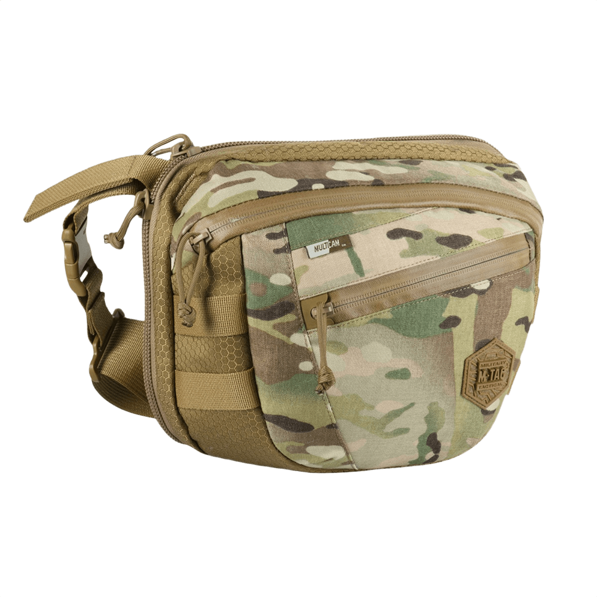 M-Tac Sphaera Hex Hardsling Bag Large Elite maastokuvio, sopii ulkoiluun, sivulta nähtynä.