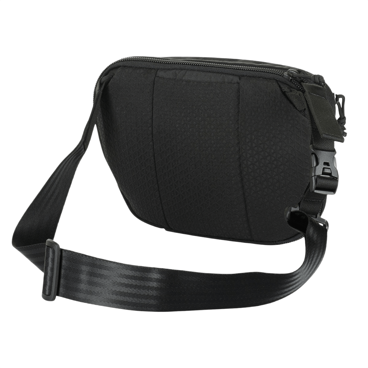 M-Tac Sphaera Hex Hardsling Bag Large Elite musta, säädettävä hihna ja vahva vetoketju, sivulta nähtynä.