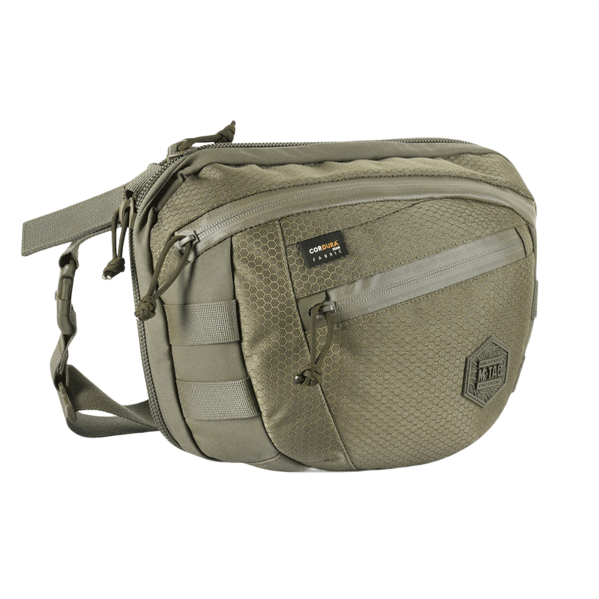 M-Tac Sphaera Hex Hardsling Bag Large Elite oliivinvihreä, suunniteltu kestävyyteen ja mukavuuteen, sivulta nähtynä vetoketjutaskuilla.