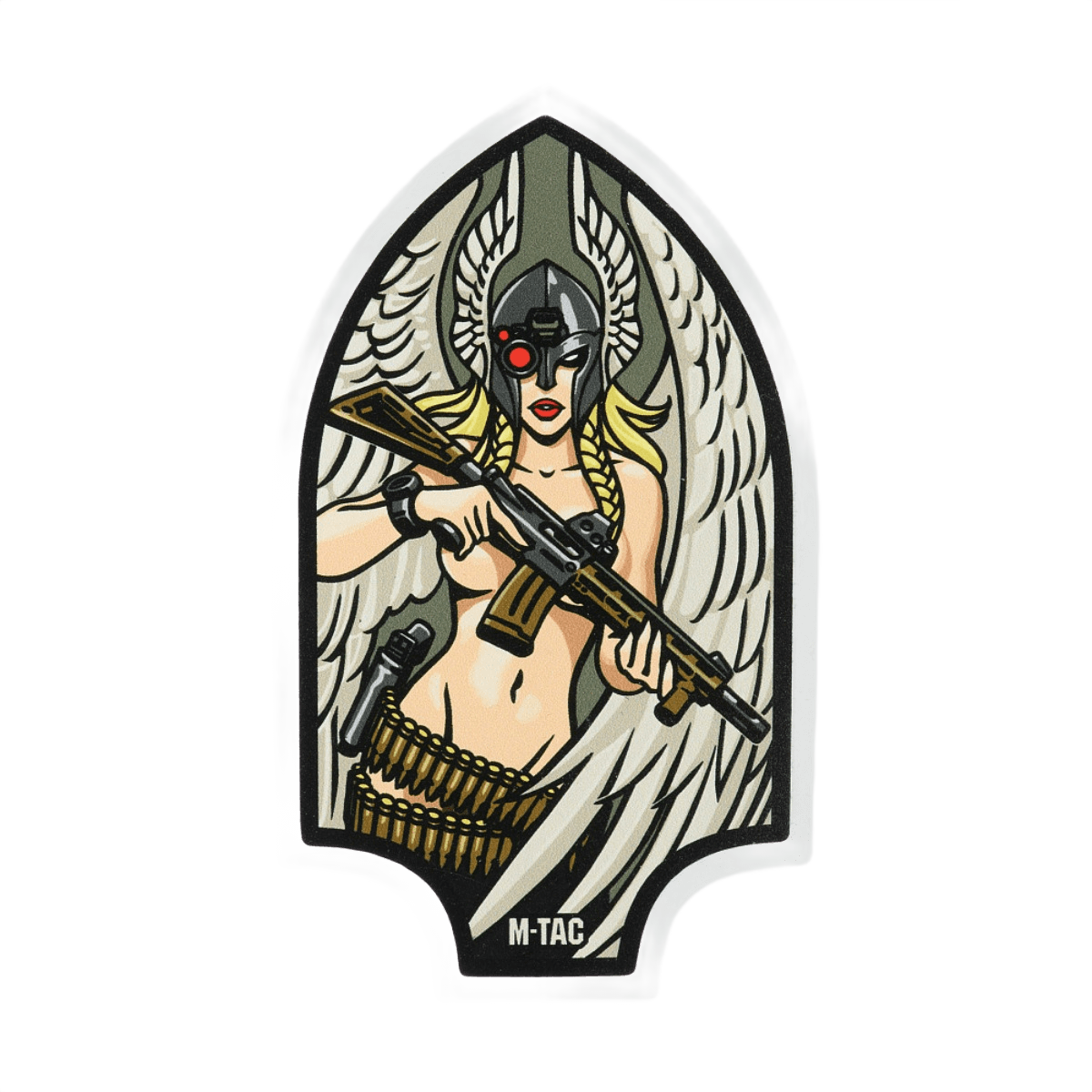 M-Tac Sticker Valkyrie sotajumalatar normannityylisessä kypärässä ja M4-kivääri, Arrowhead-patchin muotoinen.