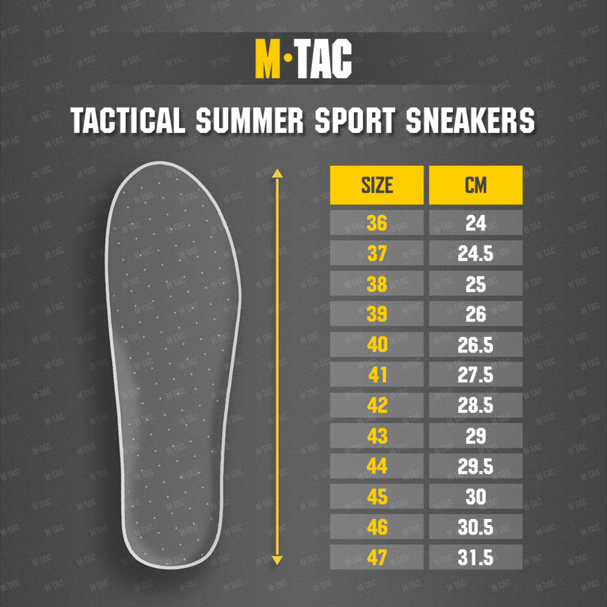 Koko-opas M-Tac Tactical Summer Sport -tennareille, mittaukset senttimetreinä sisäpohjan pituudesta