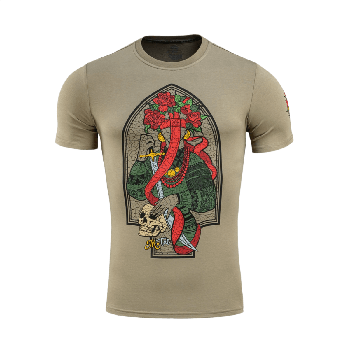 M-Tac T-Shirt Motanka Motanka-nukkeaiheella, perinteinen ukrainalainen asu ja teksti 'M-TAC. Terra Cosaccorum' edessä.