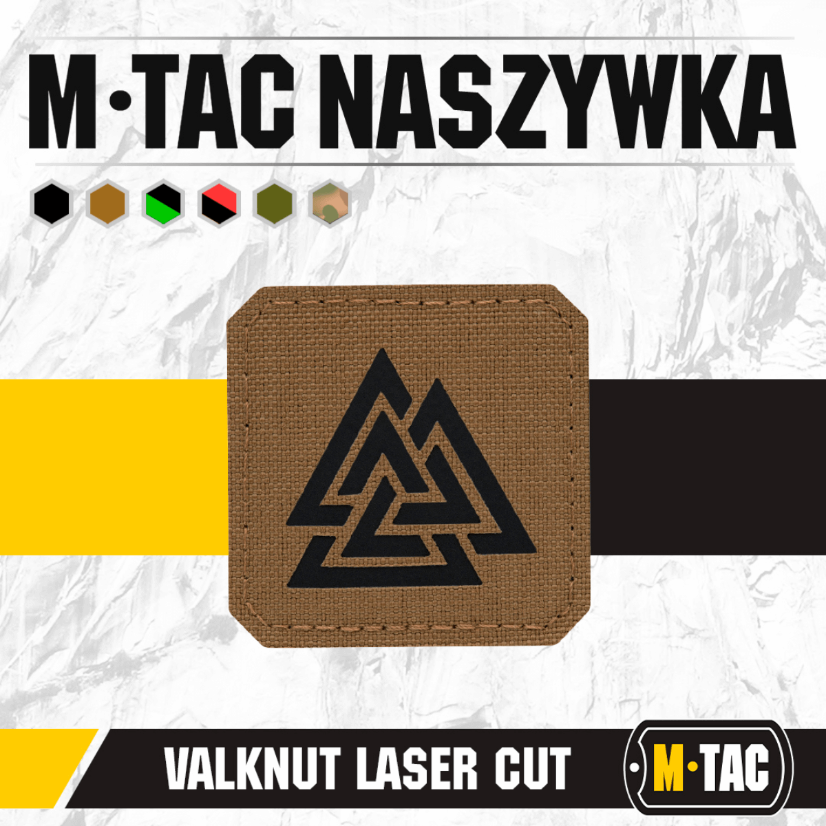 M-Tac Patch Valknut Laser Cut Odin symbol ruskealla kankaalla mustalla kuviolla, ihanteellinen taktiseen ja ulkoilukäyttöön.