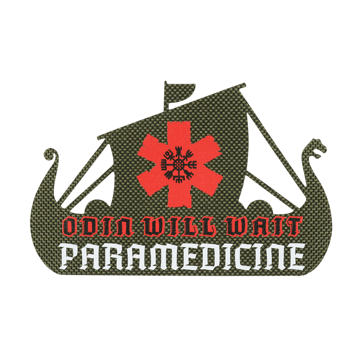 M-Tac Patch Viking Evac, jossa teksti 'Odin Will Wait Paramedicine' punaisena ja valkoisena. Sisältää viikinkilaivan kuvan. Sotilaspäällekirjoitus.