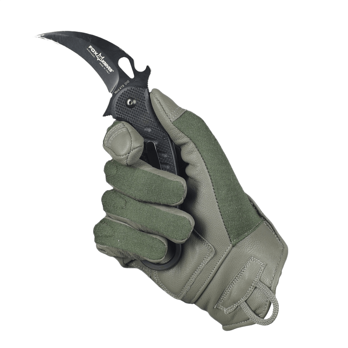 M-Tac Nomex Assault Tactical Mk.7 veitsi kädessä, palo- ja lämpöä kestävä Nomex®, kestävä pito, sopii taktiseen käyttöön.
