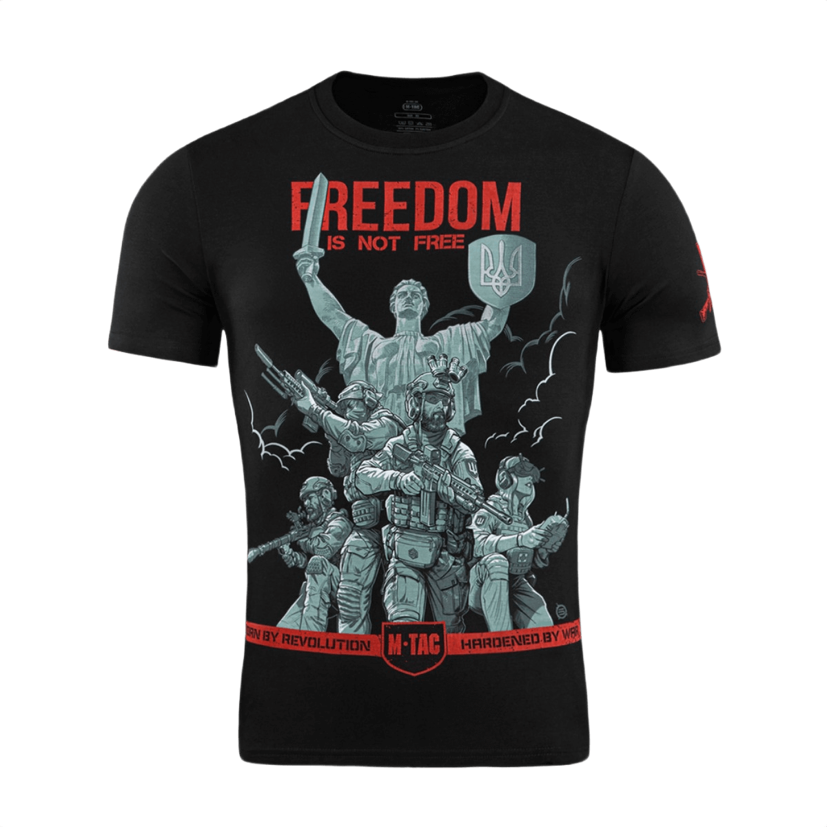 M-Tac T-Shirt Freedom printillä: sotilashenkilöitä, vastarintasymboleja, kilpi ja miekka; korostaa päättäväisyyttä ja vapautta, pehmeä puuvillasekoite.