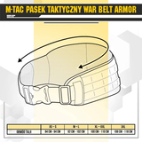 Koko-opas M-Tac War Belt ARMOR -taktiselle vyölle Cordura-materiaalilla, MOLLE-webbingillä, säädettävillä soljilla.