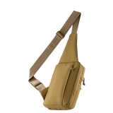 M-Tac Carry Sling Taske Elite Gen.IV, khaki nylon, Velcro, säädettävä olkahihna, piilotettuun pistoolinkantoon, galleria, positio 1