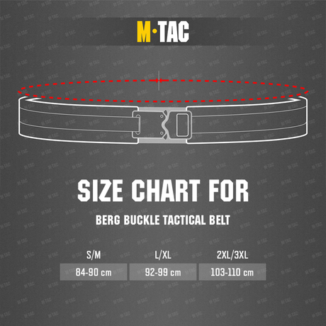 Koko-opas M-Tac Berg Buckle -taktiselle vyölle, mittoja saatavilla S/M, L/XL, 2XL/3XL.