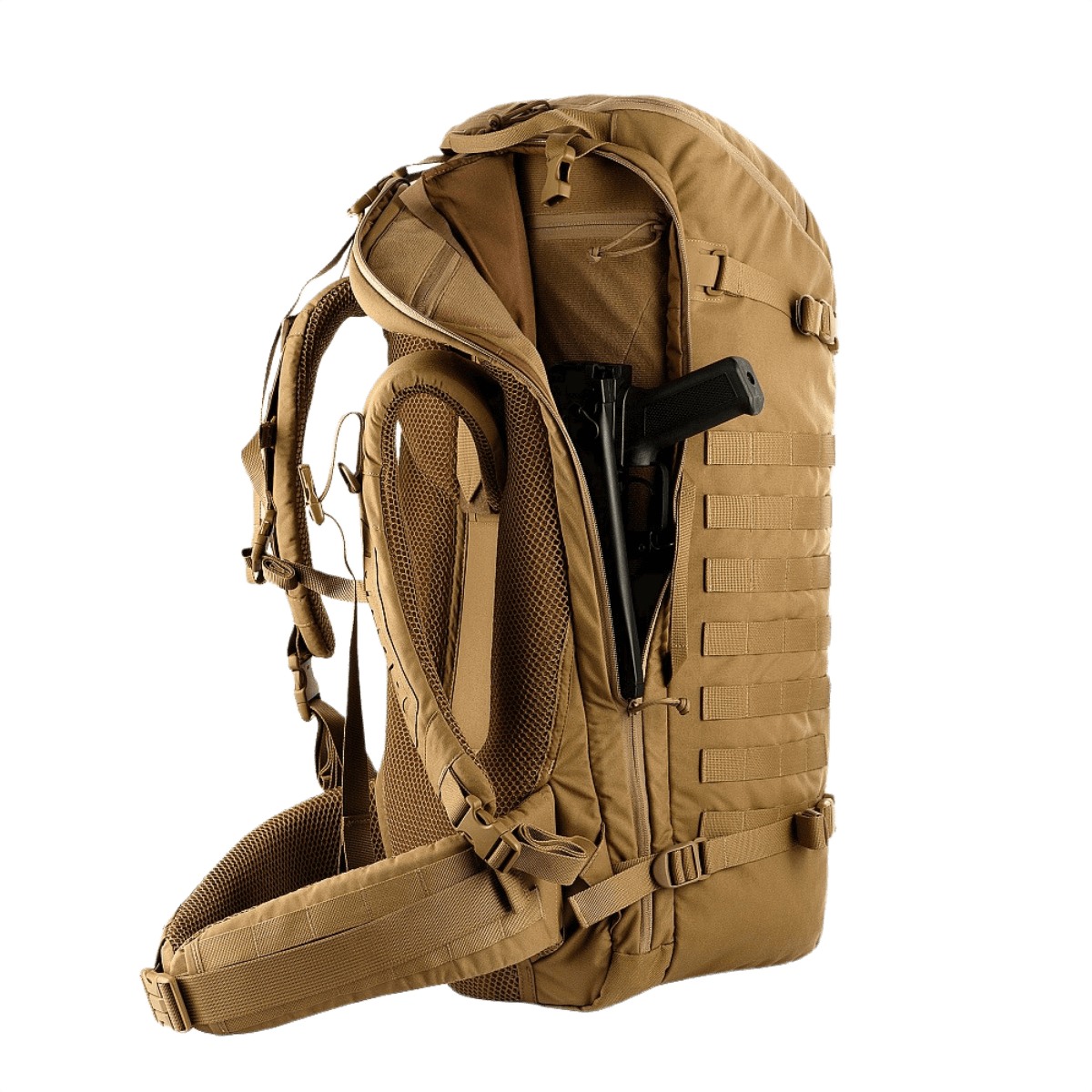 M-Tac Rygsæk Gen.II Elite Large, aseosio, ergonominen muotoilu ja Cordura 330D -materiaali, näytetty avoinna käyttöä varten.