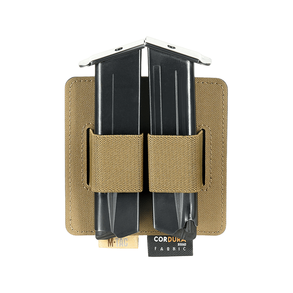 M-Tac Double Mag Pouch Hook Backed Magazine, kaksi mustaa lippaa ruskeassa taskussa, Velcro-kiinnitys, edestä nähtynä.