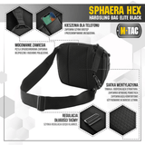 Musta M-Tac Sphaera Hex Hardsling Bag puhelintaskulla, ilmastoitu verkkoselkä ja modulaariset kiinnikkeet, sopii mukavaan kantamiseen.