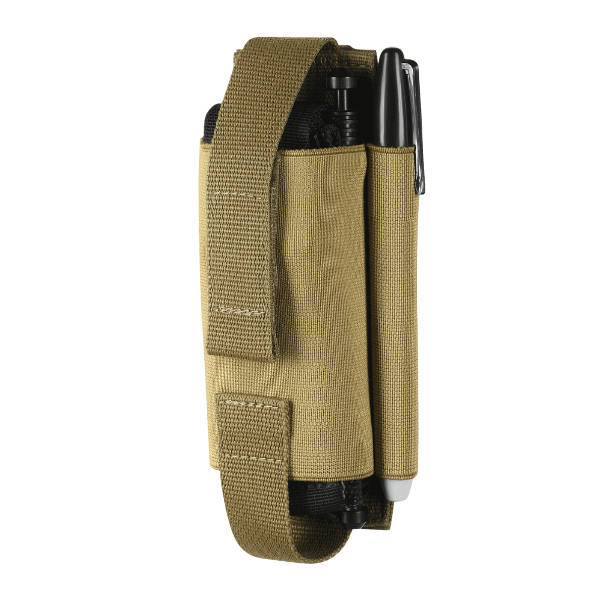 M-Tac Elastisk Tourniquet Pouch Molle Gen.III beigenä Cordura-materiaalista, kuminauha ja merkintäkynätasku, sivunäkymä.