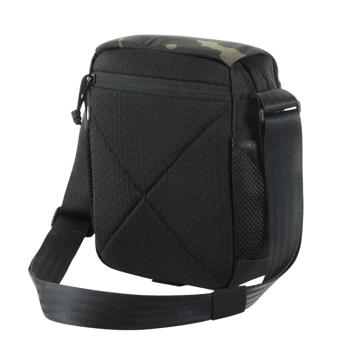 M-Tac Satellite Magnet -laukku Elite Hex mustasta Cordurasta, säädettävällä olkahihnalla ja magneettisella Fidlock-lukolla, takakuvassa.