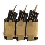M-Tac Elastinen Triple Magazine Pouch Elite beigessä, tilaa kolmelle lippaalle, suunniteltu turvalliseen säilytykseen ja nopeaan pääsyyn kentällä.