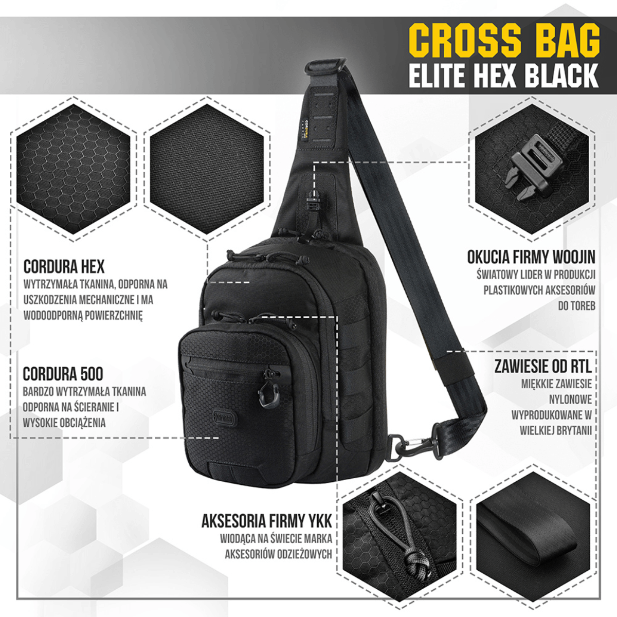 M‑Tac Cross Bag Elite Hex mustana, Cordura 500 -materiaali, sopii päivittäiskäyttöön ja taktiseen varustukseen, MIL-SPEC-sovitukset ja YKK-vetoketjut