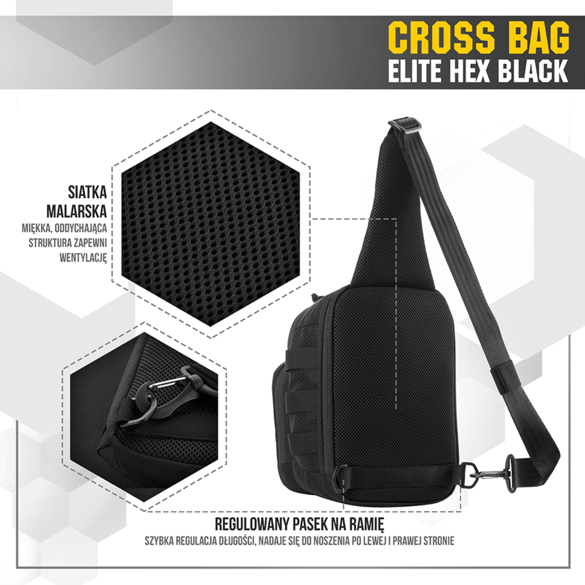 M‑Tac Cross Bag Elite Hex musta sling-laukku yhden olkapään kantoon, Cordura 500, sopii päivittäiskäyttöön ja taktiseen varustukseen