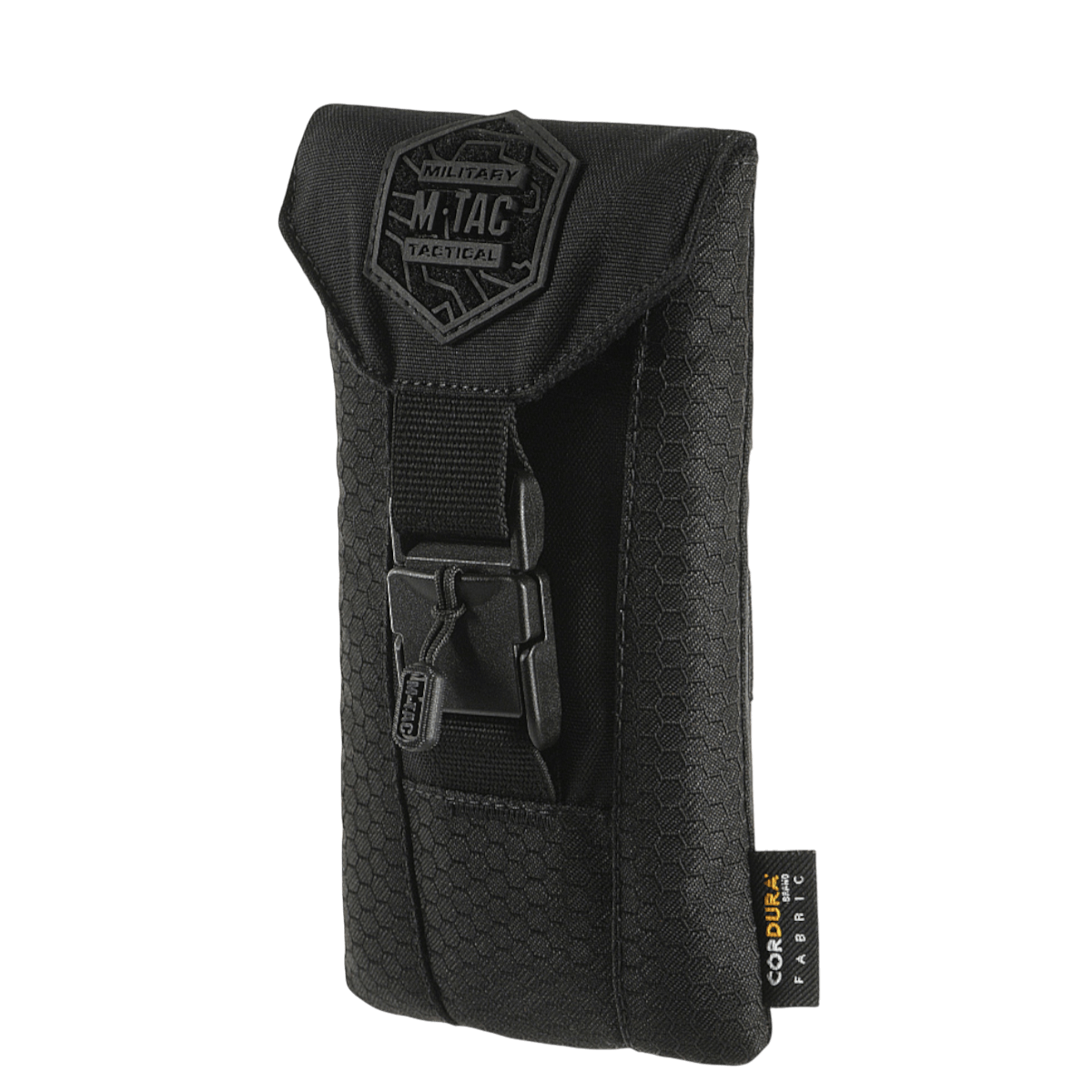 M-Tac Smartphone Lomme Elite Large Hex musta, valmistettu kestävästä CORDURA HEX -materiaalista WJ-magneettisoljella.