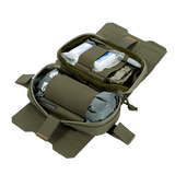 M-Tac Horizontal Medical Pouch Elite avattuna järjestetyillä ensiapuvälineillä, sopii kentälle, valmistettu kestävästä Cordura-materiaalista.