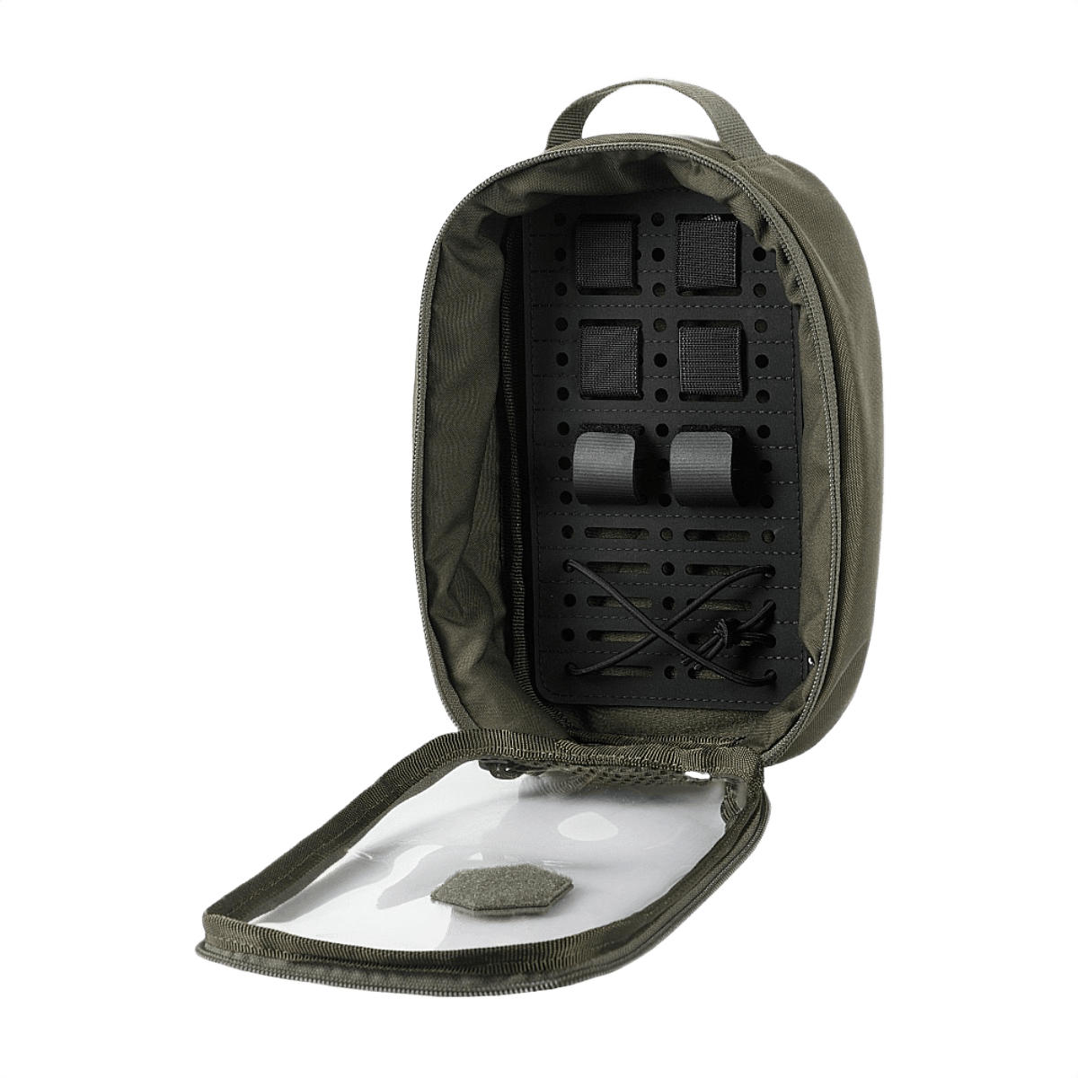 M-Tac Modul Insert Molle 11x19, Laser Cut avoimessa laukussa, näyttää sisätilan erikoislokeroilla EDC-kitille.