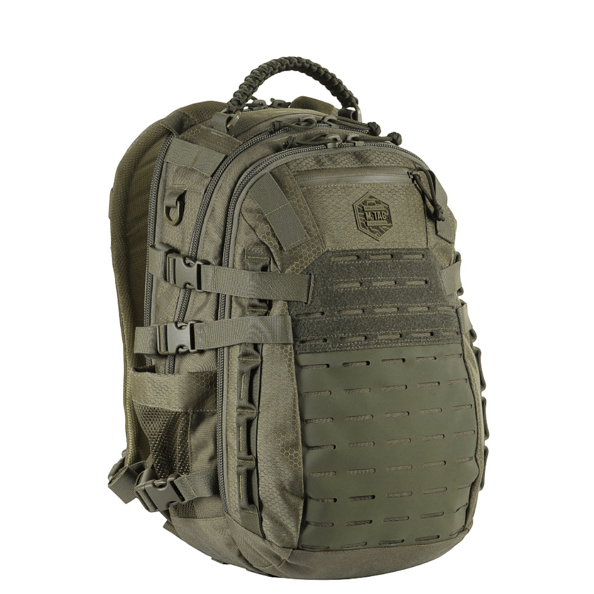 M-Tac Mission Rygsæk Elite Hex oliivinvihreänä Cordura-materiaalista, LASER CUT -järjestelmällä laajennusta varten, ergonomisesti suunniteltu kestävyyteen ja toiminnallisuuteen.