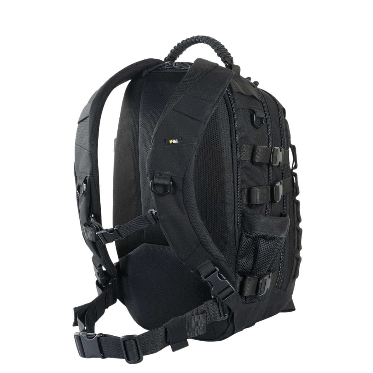 M-Tac Mission Rygsæk Elite Hex mustana, ergonominen muotoilu ja MOLLE LASER CUT -järjestelmä, valmistettu kestävästä Cordura-materiaalista.