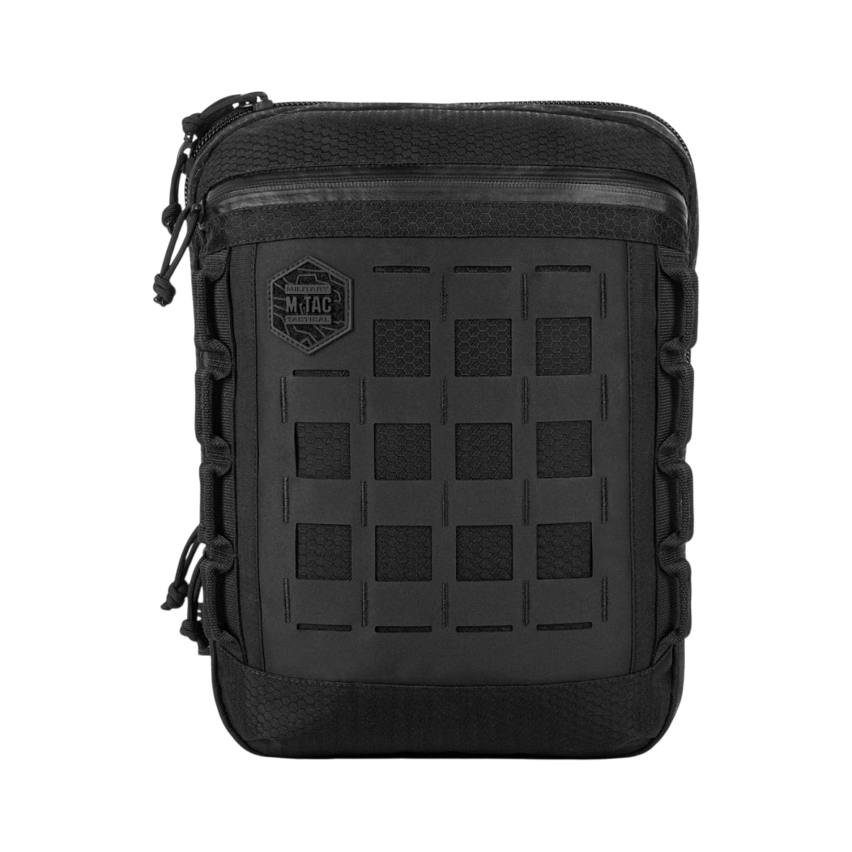 M-Tac Tablet Bag Laser Cut Hex mustasta Cordurasta, Laser Cut MOLLE -paneelilla edestä nähtynä; ihanteellinen EDC:lle ja pöytävarastointiin.